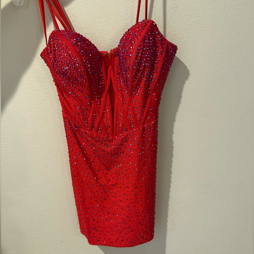 Ashley Lauren Red Dress covered with gems, plunging neckline, removable straps